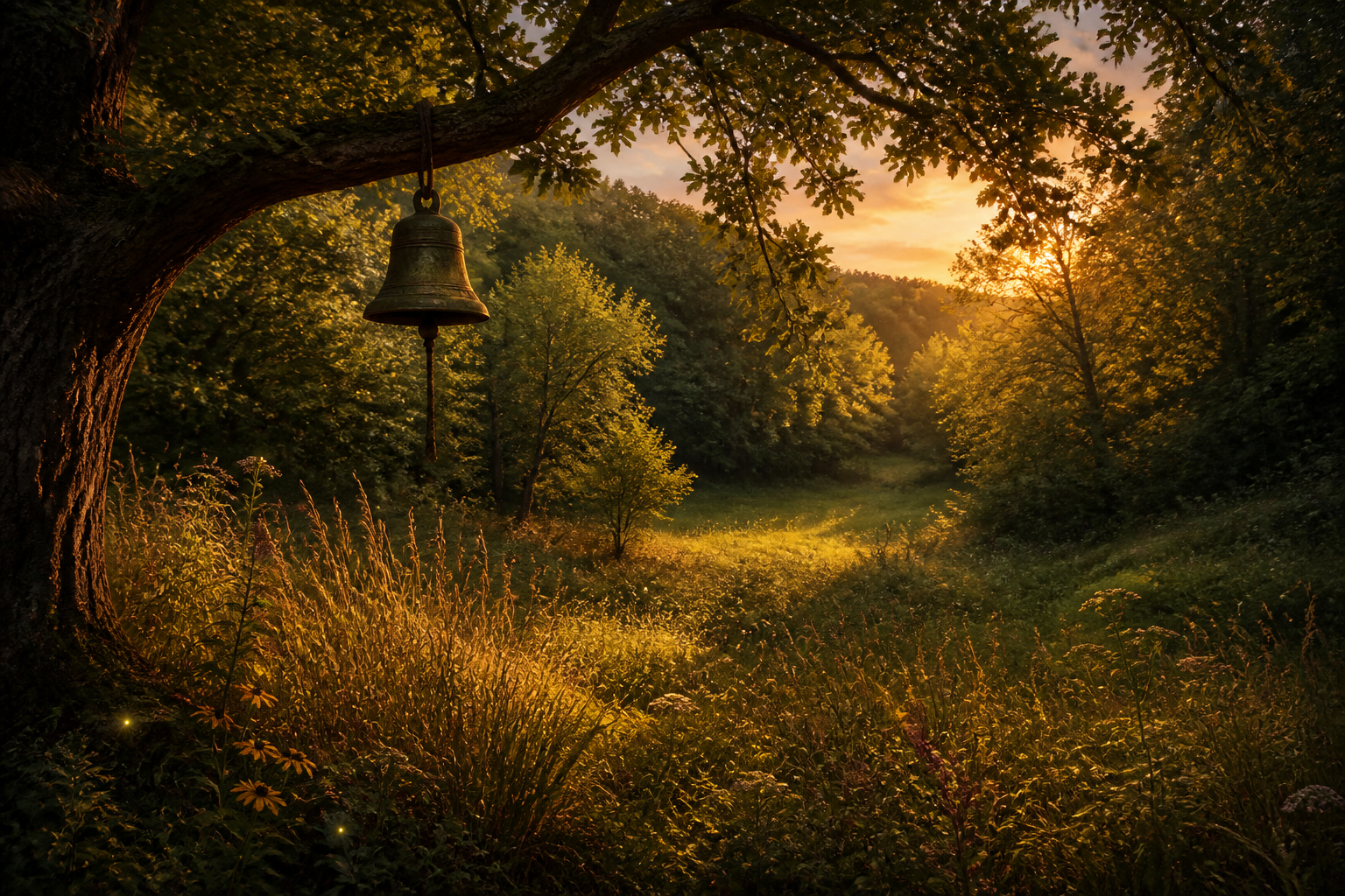 A weathered bronze bell hanging from an oak branch above a sunlit hollow in the prairie woods.